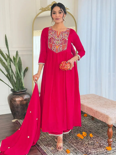 Bewitching Red Viscose Thread Embroidered Festival Wear Pant Suit